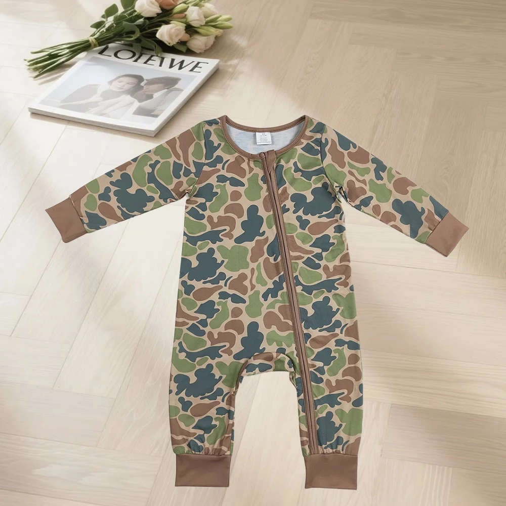 10.21 Baby Boys Rompers Baby Infant Boys Fall Green Camo Zip Bamboo Rompers