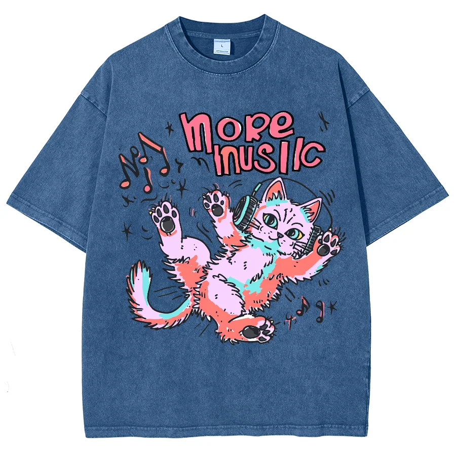 Unisex música gato gráfico lavado t-shirt, T-pescoço extragrande, rua Hip Hop, manga masculina e feminina, casal universitário, topo Y2K