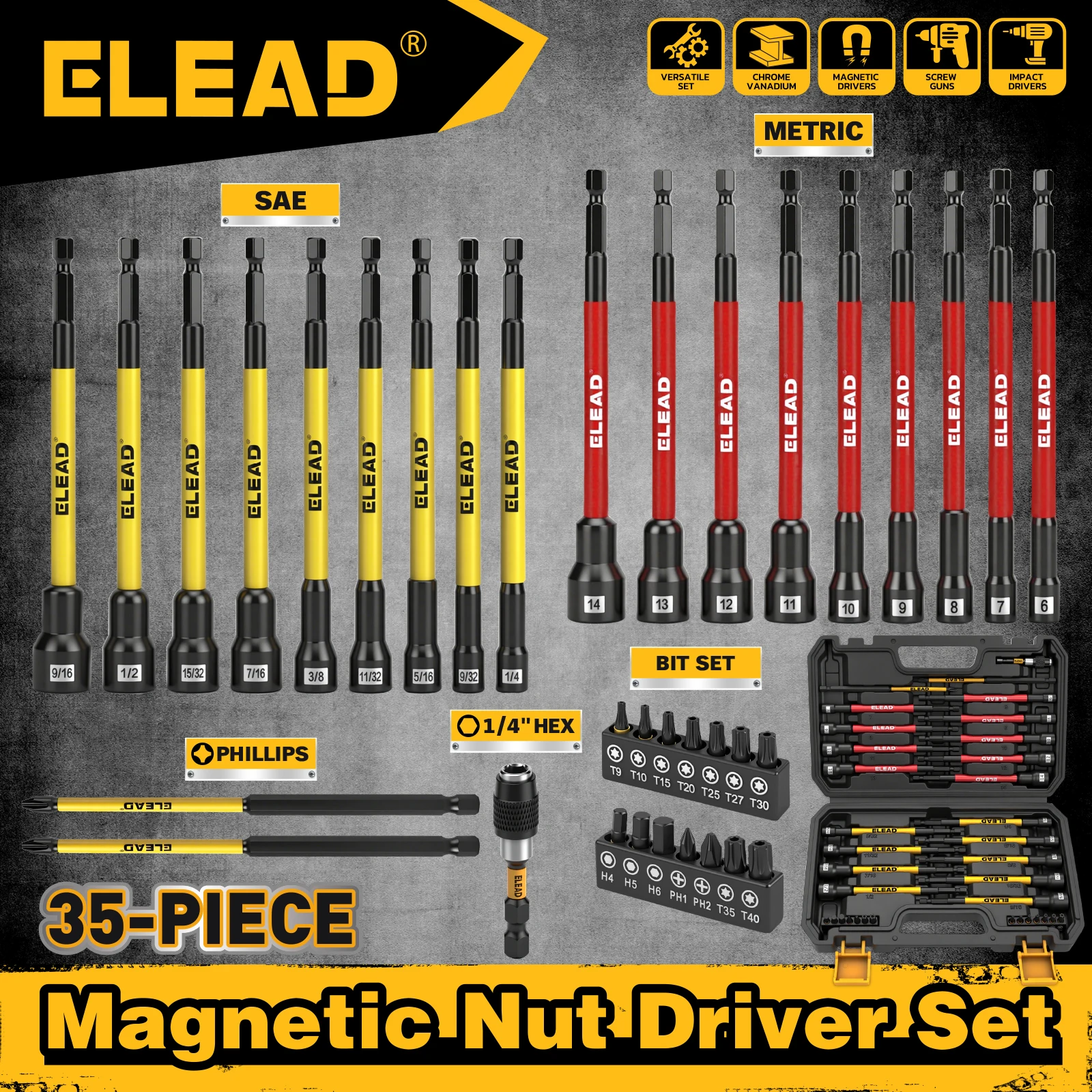 

ELEAD 35Pcs Magnetic Nut Driver Bit Set, Extra Long Metric SAE Socket Bits, PH1 PH2 Screwdriver Bits, 1/4 Drive Extension Adapte