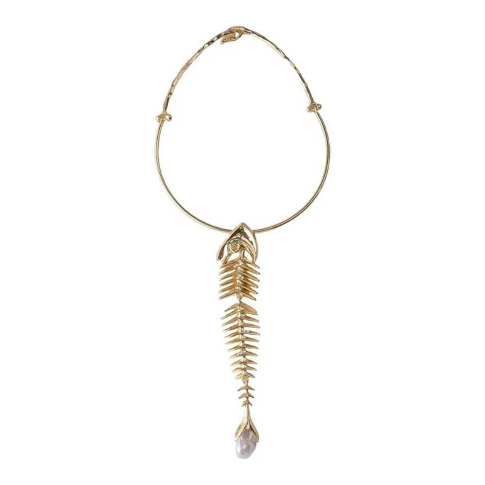 Novelty Design Big Fish Bone Pendant Choker Necklace Alloy Exquisite Fashion Exaggerated Necklace Elegant Rhinestone