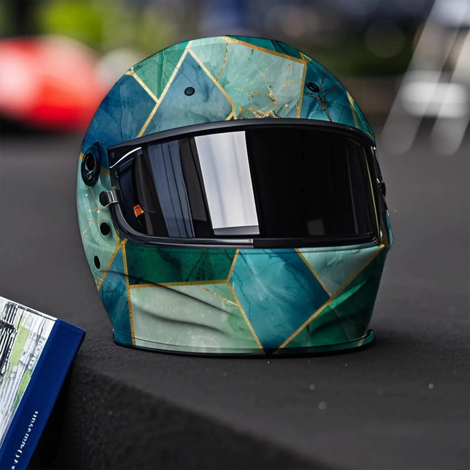 Grün-goldene geometrische PVC-Motorradhelm-Vinylfolie, selbstklebender wasserdichter Aufkleber, kratzfeste dekorative Folie für Full F