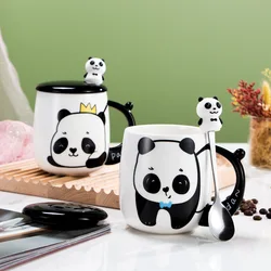 Ceramic 3D Panda Coffee Mugs with Lids Spoons New Cartoon Retro Milk Couple Cups Drinkware Business Gifts Kitchen Bar Supplies