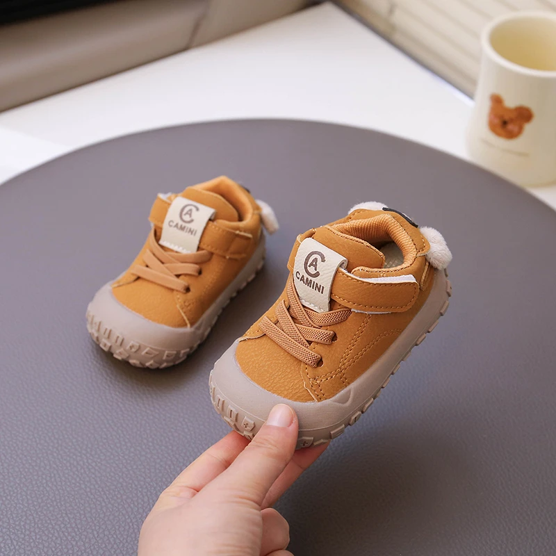 Baby Cute Fuzzy‑Ear Decor Sneakers Anti‑Collision Toe Magic Tape Soft Sole Toddler Walking Shoes