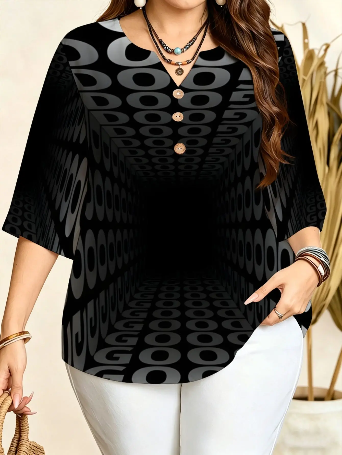 Optical Illusion Floral Geometric Print Blouses Notch V Neck Three Quarter Sleeve Soft Loose Fit Plus Size Women Daily  Shirts