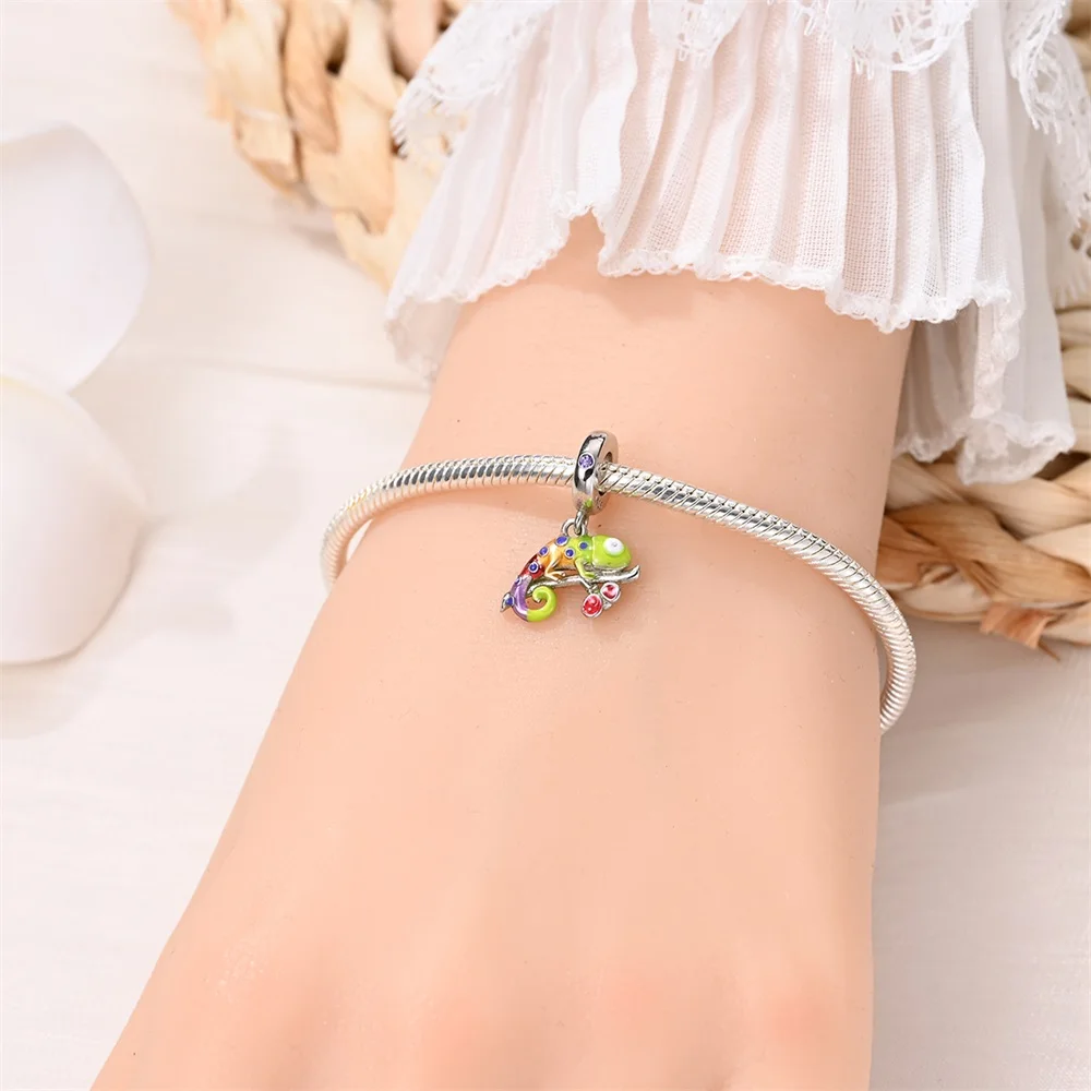 Actual 925 Sterling Silver Glow In Dark Colored Skateboard Beetle Chameleon Charm Fit DIY Bracelet Necklace Women's Gift