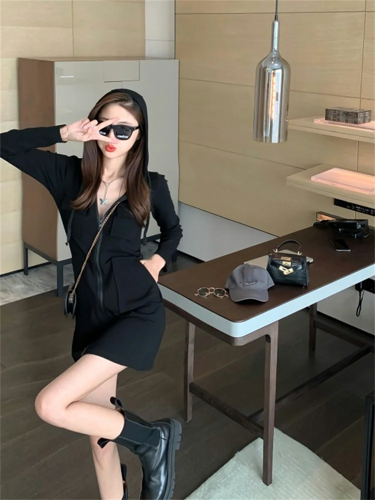 High Waist A-Line ort Skirt Dr Women's Long Sve Spor Sweet And Sal Sle Zipper Hooded Dr Korean Sle Commute