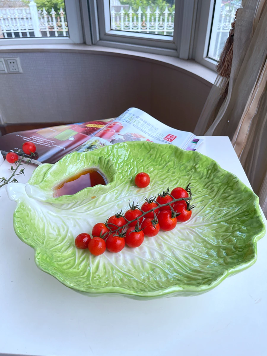 

Ceramic Cabbage Sauce Plate High-End and Beautiful Double Large Dumpling Plate with Vinegar Dish Creative and Salad Dish