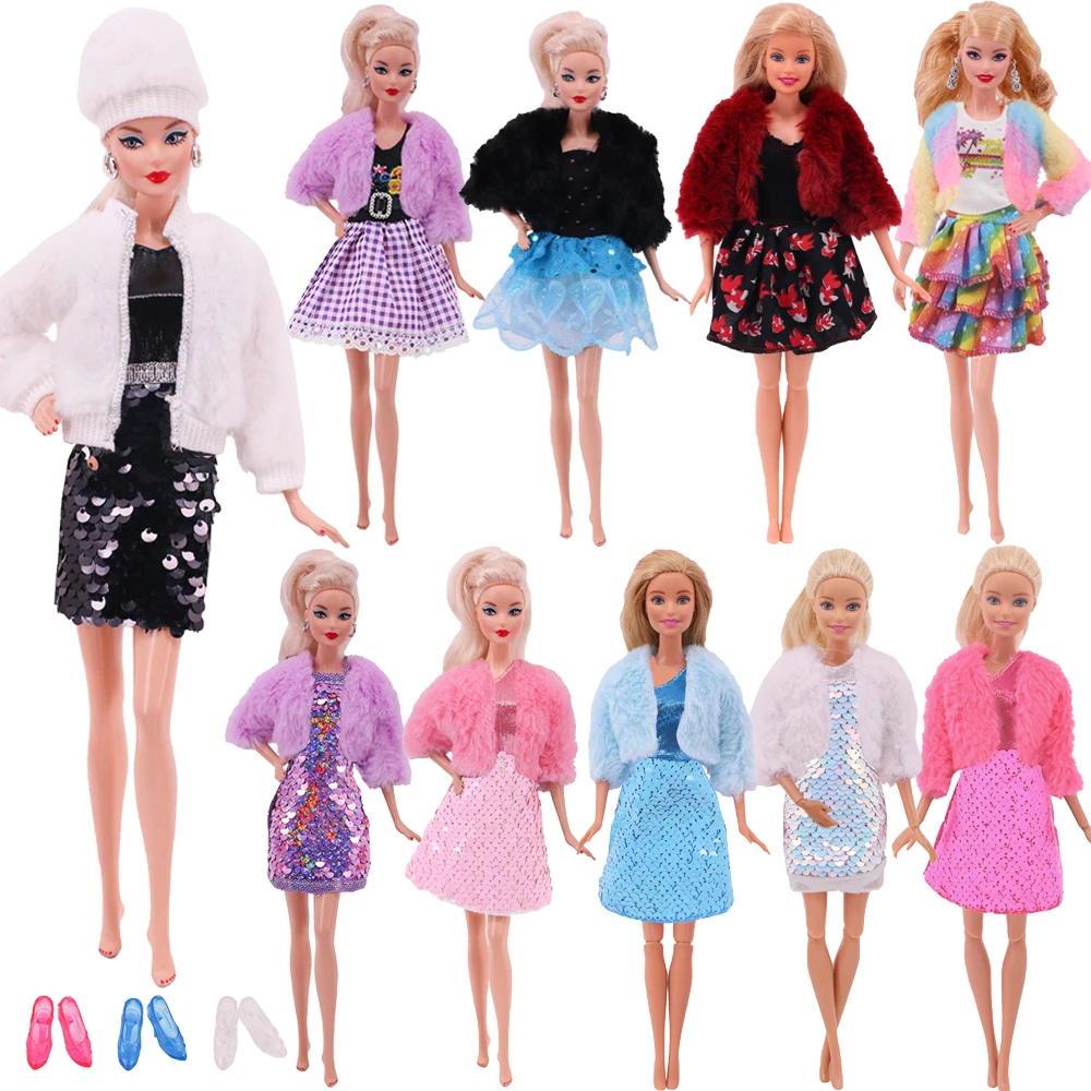 Barbies Doll Clothes Plush Jacket + Fashionable Suit Skirt +Beret Hat Suitable For 11.8inch  Doll Casual Clothing Free Shoe Gift