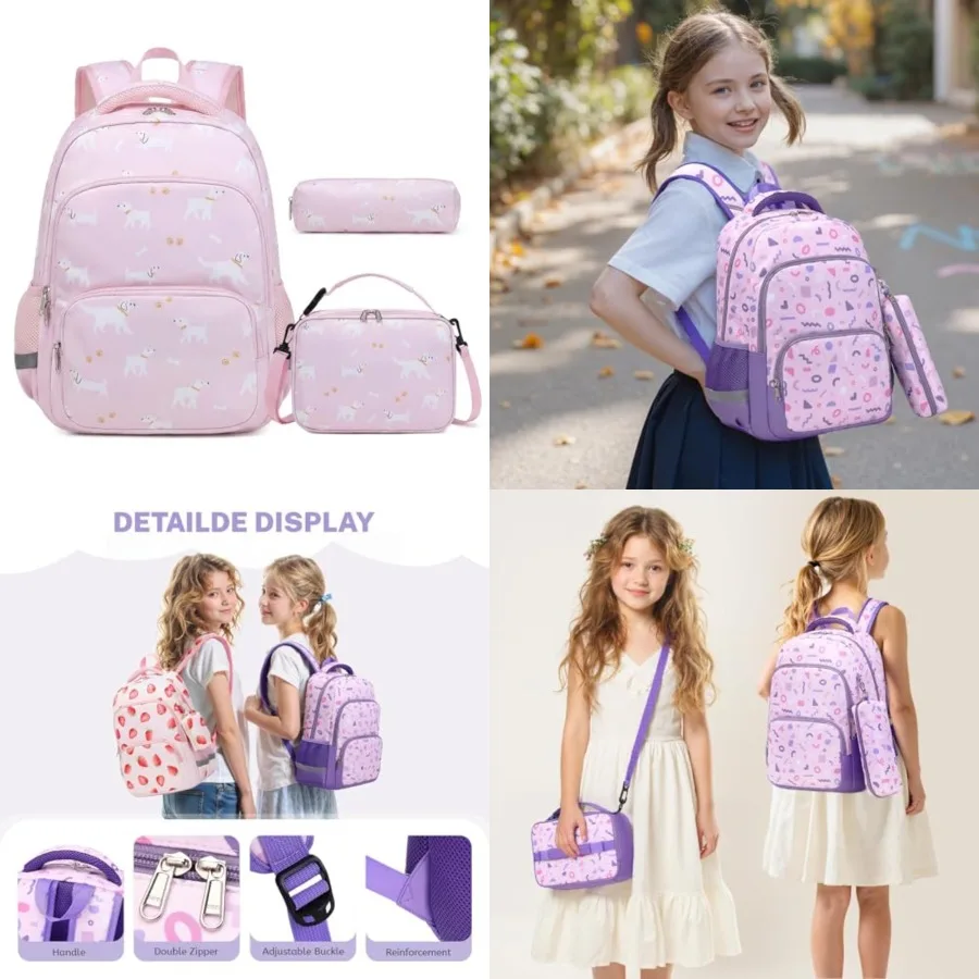 

3PCS Backpack Set - Waterproof Bookbag with Lunch Box for Girls Ages 3-12, Adorable Cartoon Prints for School and Outdoor Use