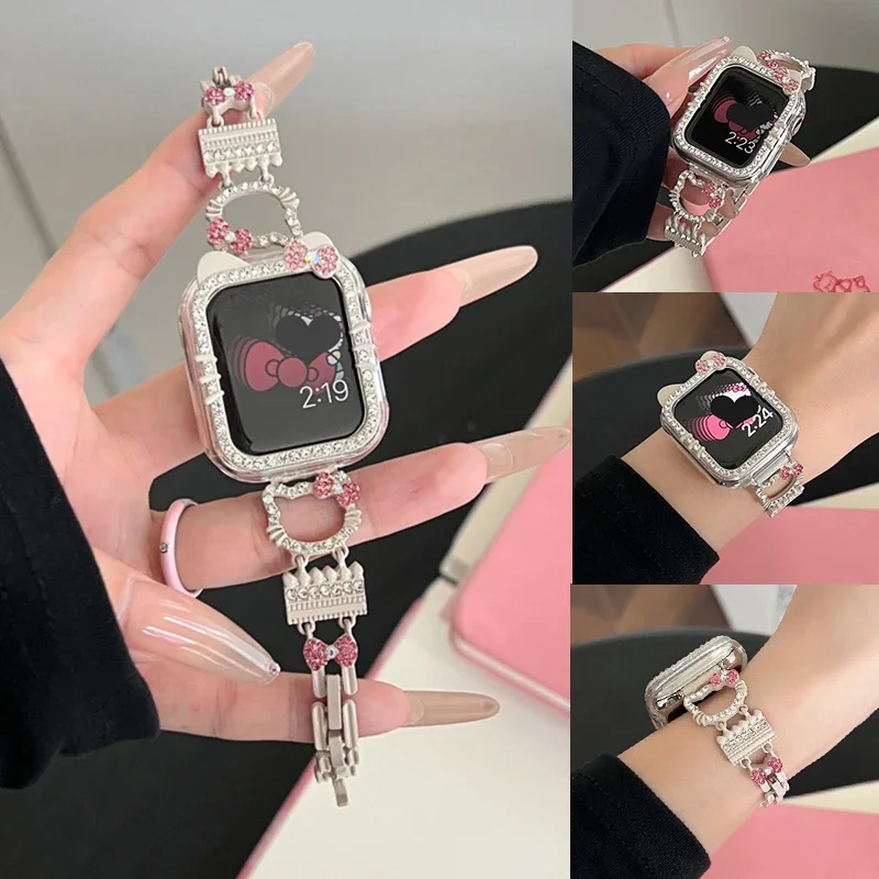 Cartoon Cat Metal Strap for Apple Watch 44mm Band 40mm 42mm 45 46 49 Bling Diamond Bracelet for IWatch 10 9 8 7 SE 6 Accessories