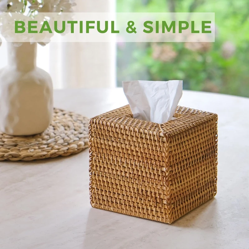 Y17A Rattan Tissue Box Cover, Hand Woven Square Wicker Holder For Facial Tissues, For Bathroom Living Room, Tissue Holders