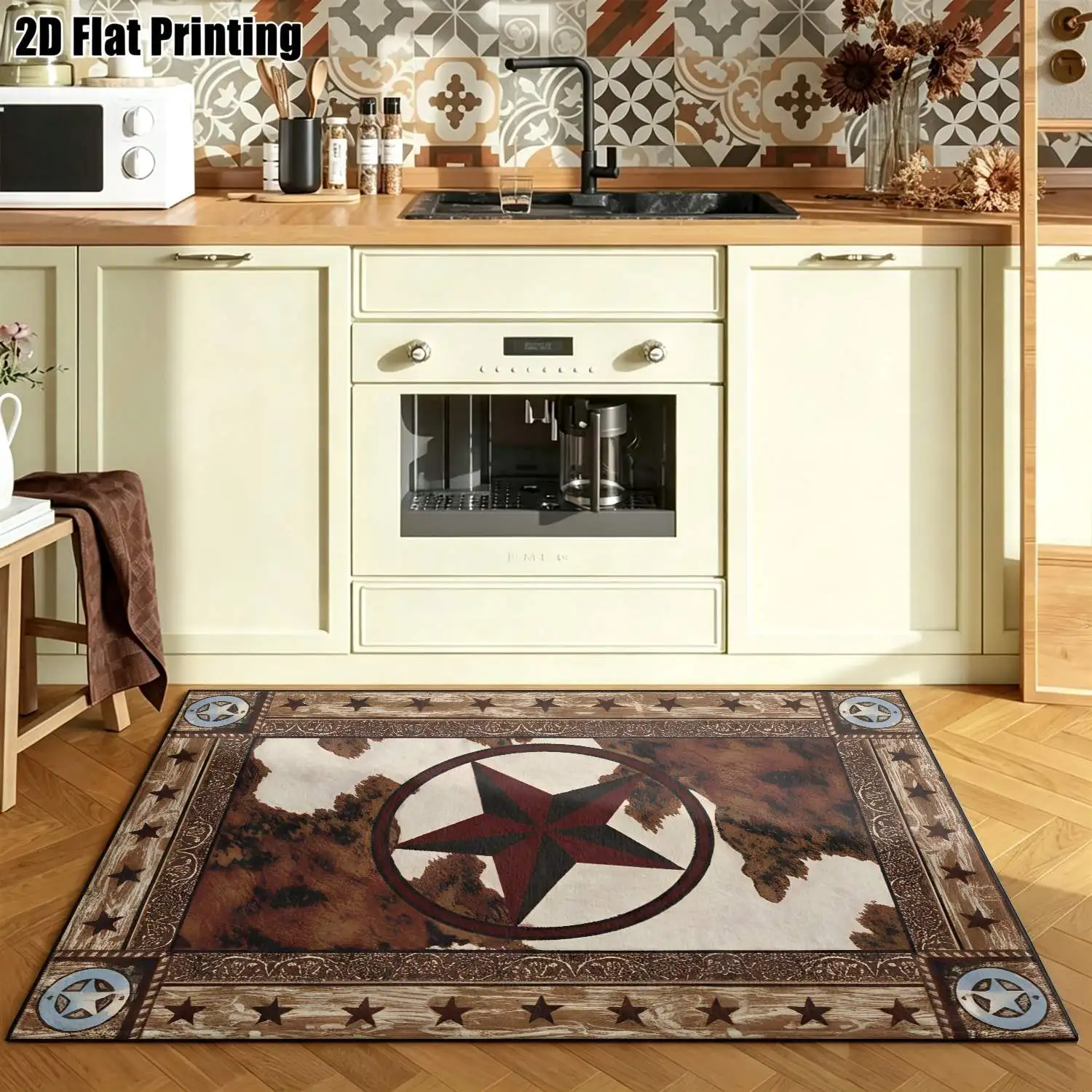 1Pc 2D Printed Retro Red-Brown Star Pattern Carpet: European/Bohemian Style Home Decor Rug, Machine Washable, Multi-Size for Entrance, Dining, Living, Bedroom