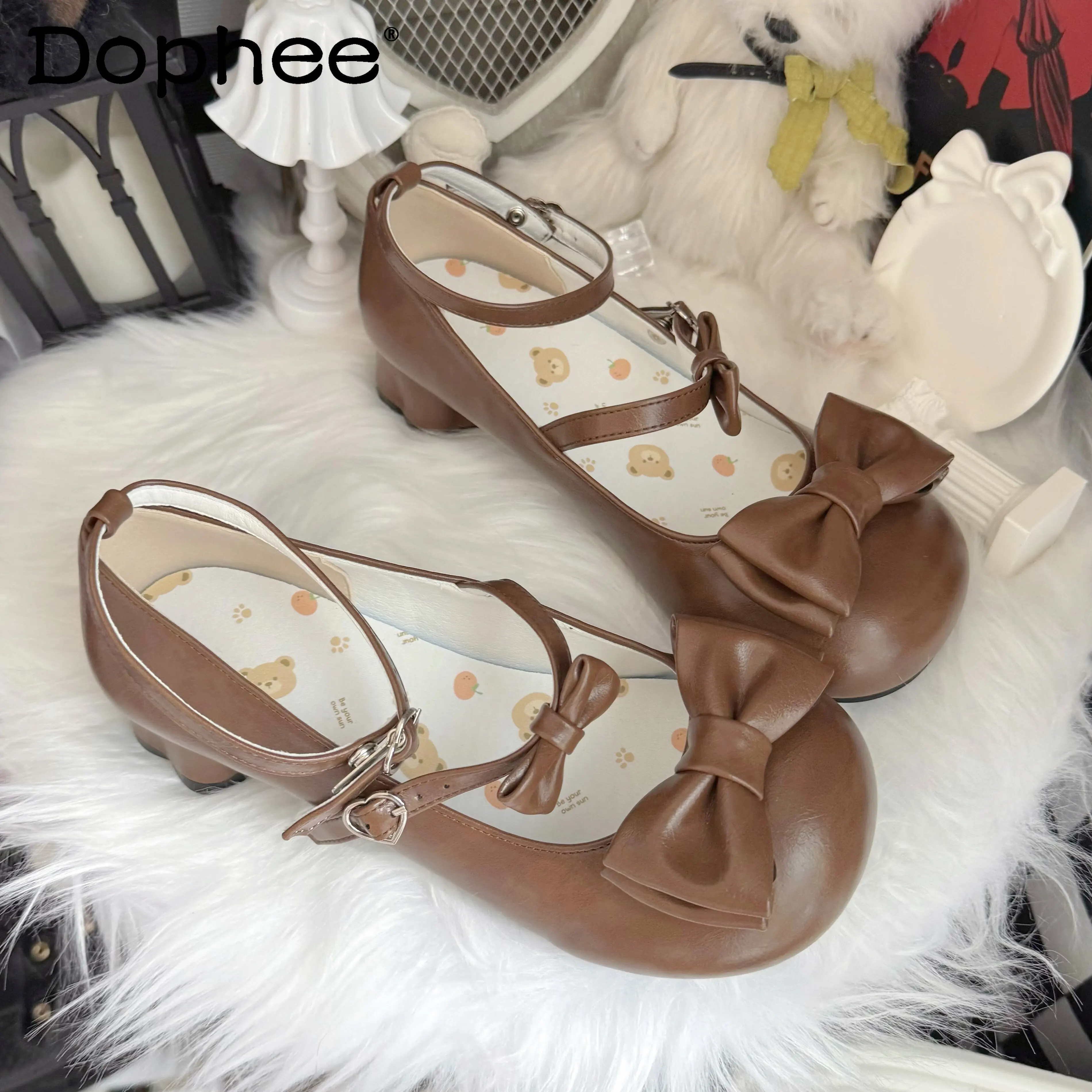 

Original Japanese Girl's Lolita Brown Mary Jane Shoes Spring and Summer New Cute Bow Sweet Cute Leather Shoes Lo Flat Shoes