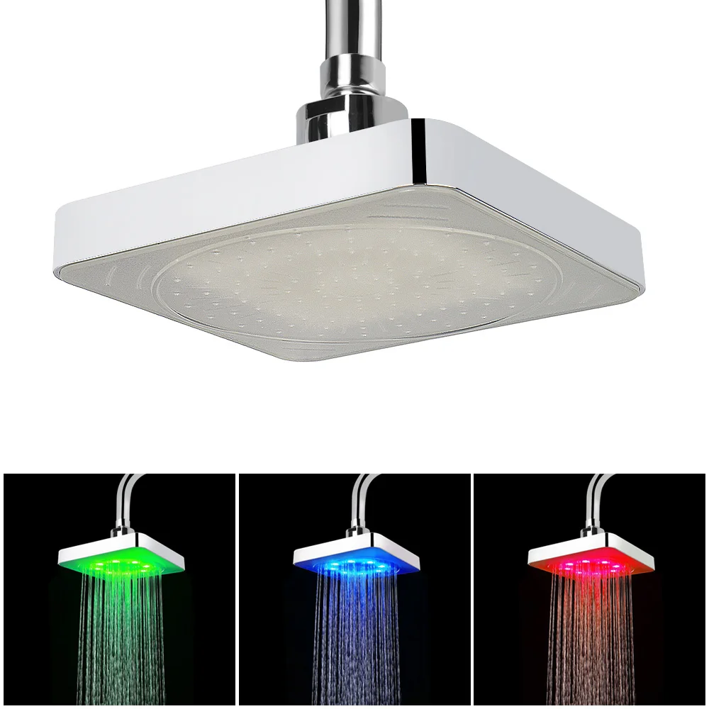 

7 Colors Gradual Changing LED Shower Head Rainfall Top Spray 3 colors Temperature Sensor Square Fixed Showerhead