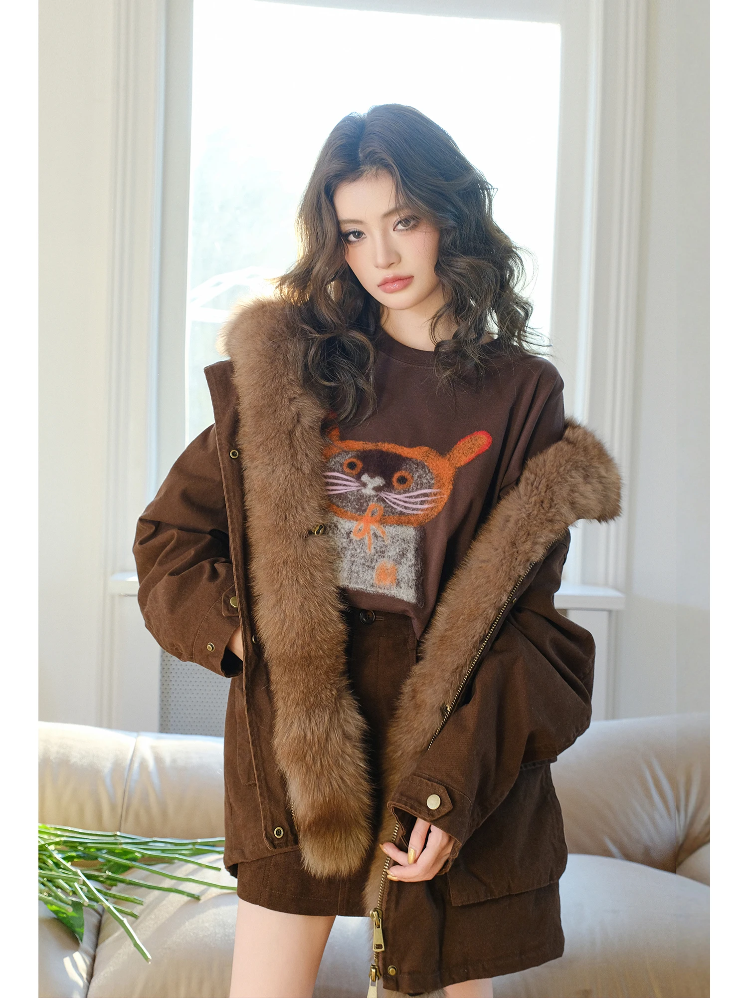 

MIUCO Women's ort Parka Coat Fur Collar 90 White Goose down Retro Workwear Sle Warmth Flap Zipper Closure Long Sve