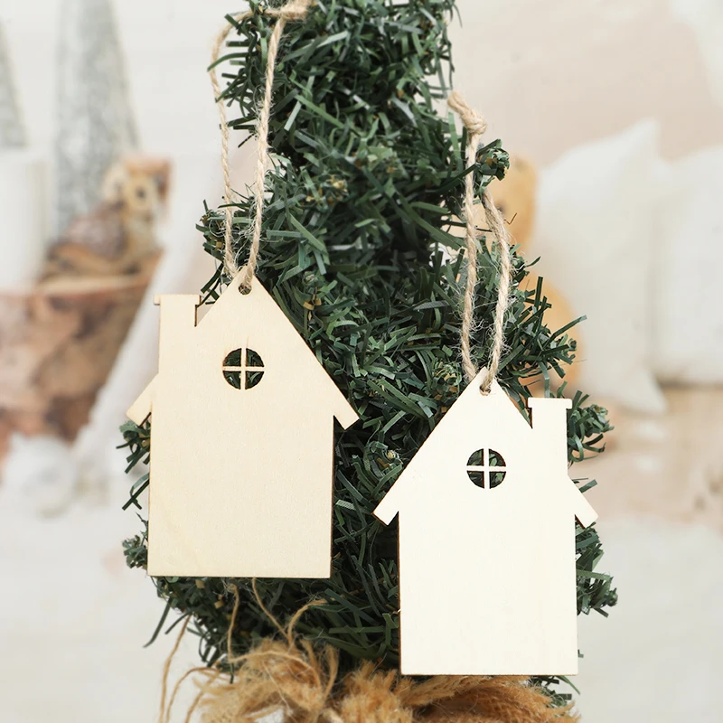 

10pcs Wooden House Shaped Ornament Small Wood House Craft Tags Christmas Tree Hanging Pendant Chip Xmas Decor New Year Navidad