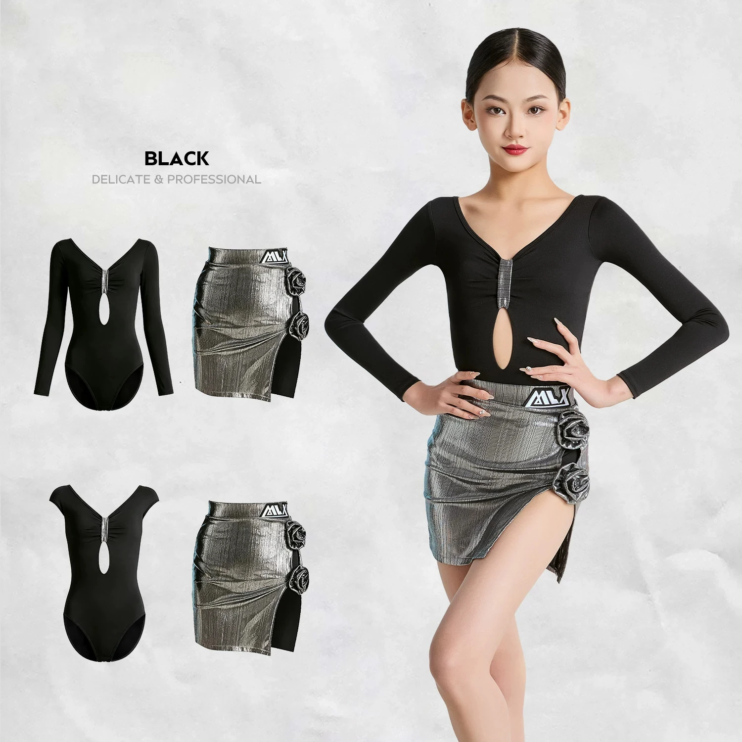 2026 Latin Dance Performance Costumes For Girls Long Sleeved Sliver Skirts Suit Rumba Chacha Modern Latin Practcie Dress  XH5627