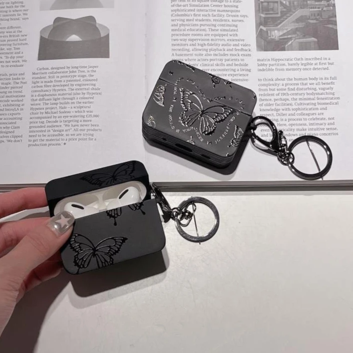 For Airpods Pro 2 3 1 4 Cases Luxury Butterfly PU Leather Black Matte Earphone Case With Keychain Shell Soft Protective Cover