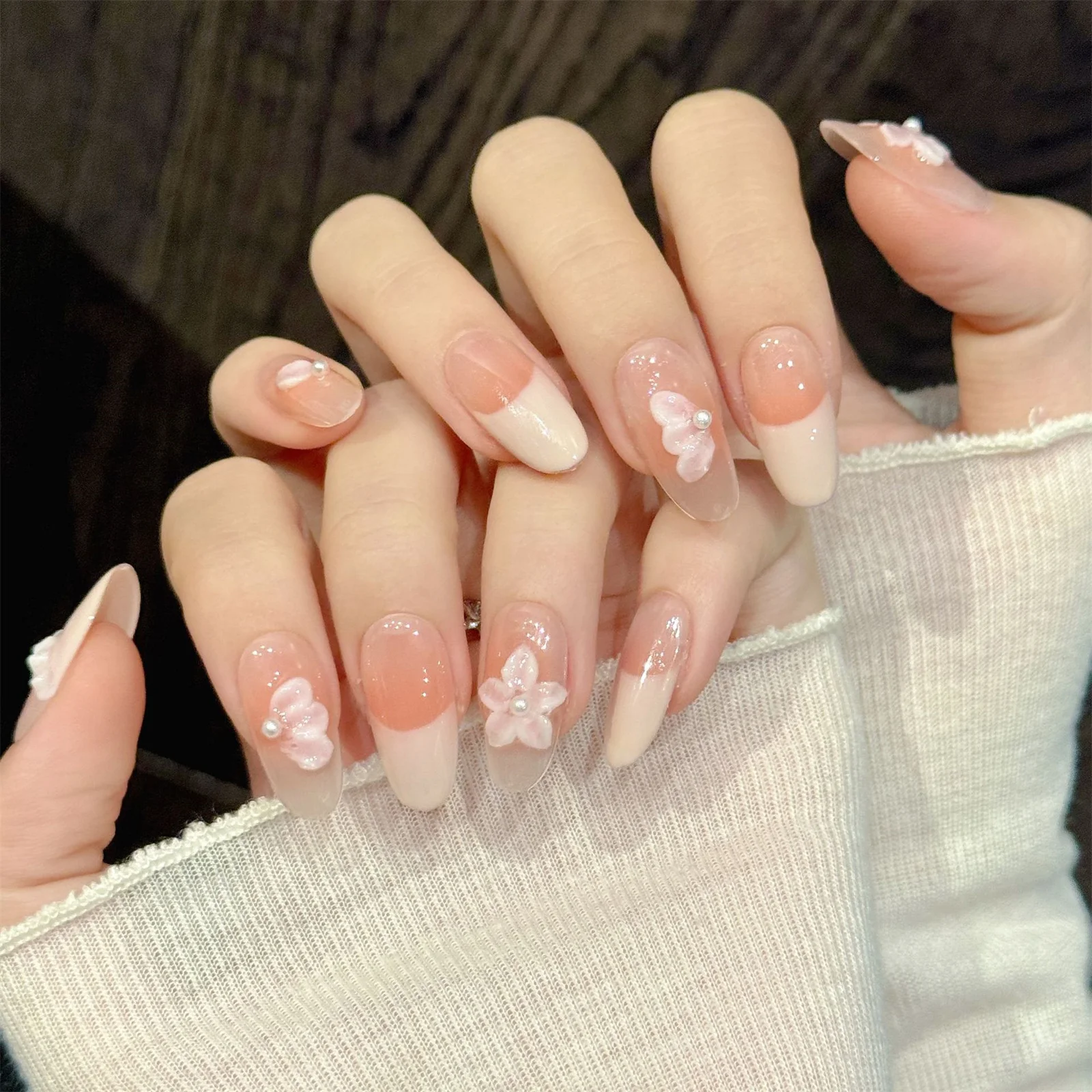 

10Pcs French Oval False Nails 3D Handcarved Floral Design Handmade Press On Nails For Women Wearable Sweet Nude Pink Fake Nails