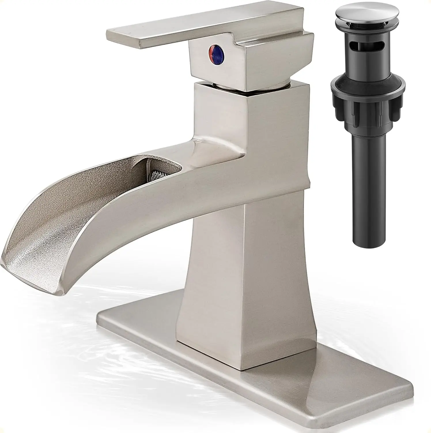 

Waterfall Bathroom Sink Faucet, Brushed Nickel Single Handle, 1 or 3 Hole, with Pop-Up Drain and Supply Hoses, Easy 5-Min Install