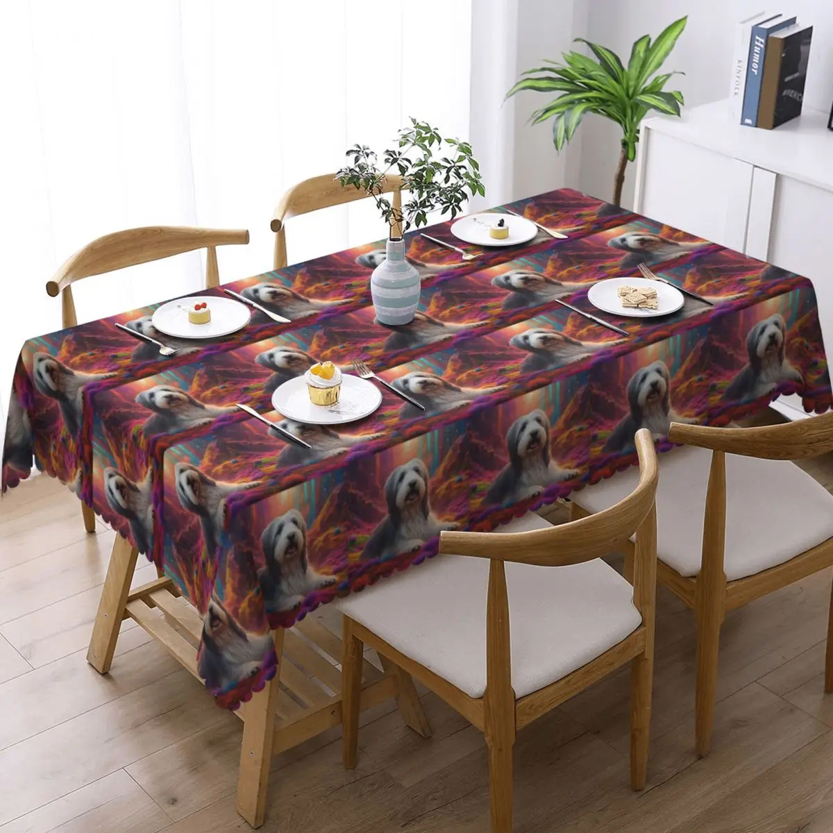 Bearded Collie Dog In Colorful Nature Tablecloth Restaurant Kitchen Rectangular Tablecloth Tablecloth Outdoor Dining Table Cover