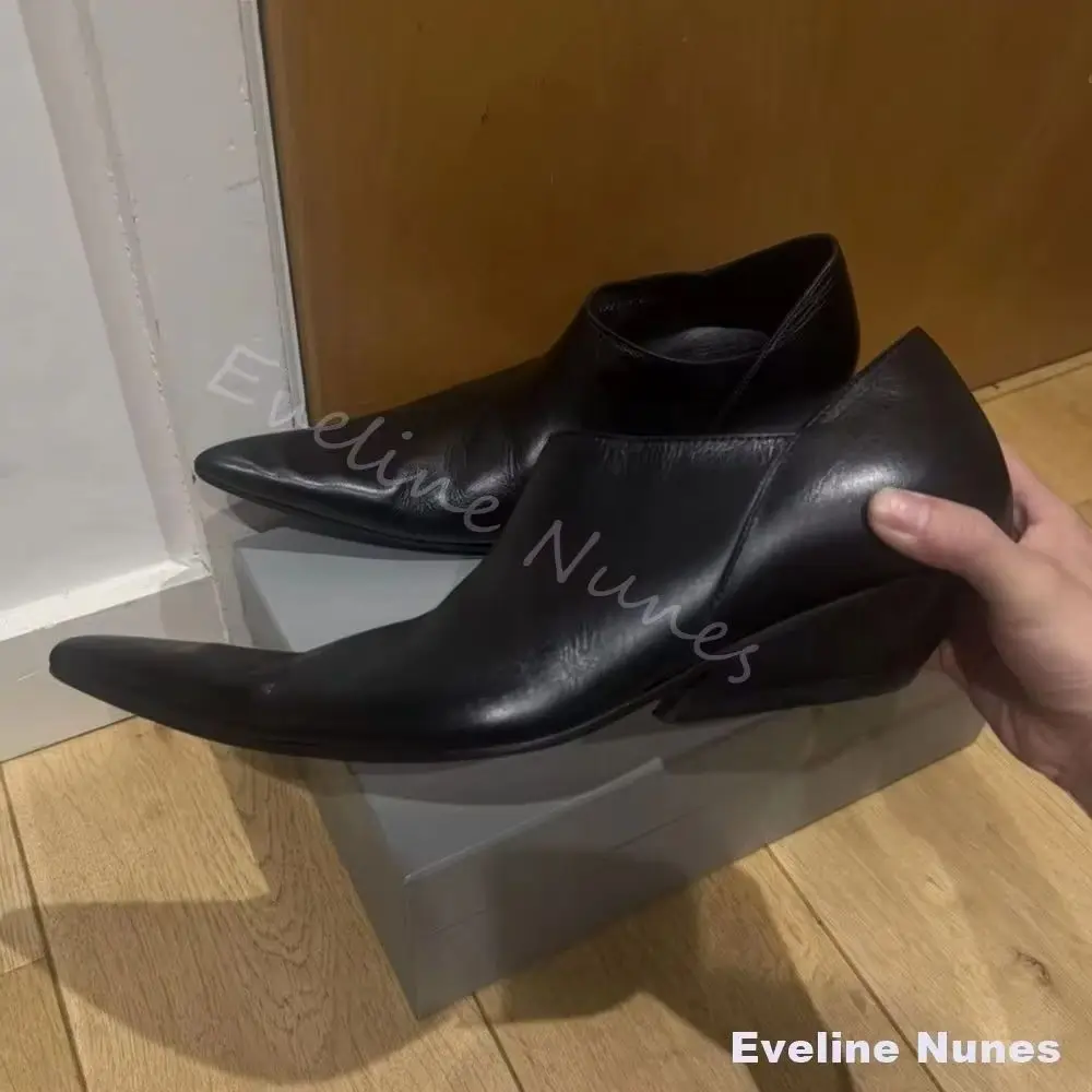 Soft Leather Pointed Ankle Boots Men Black Slip On Low Cut Collar Hidden Wedge Heel Shoes Dark Minimalist Street Designer Boots