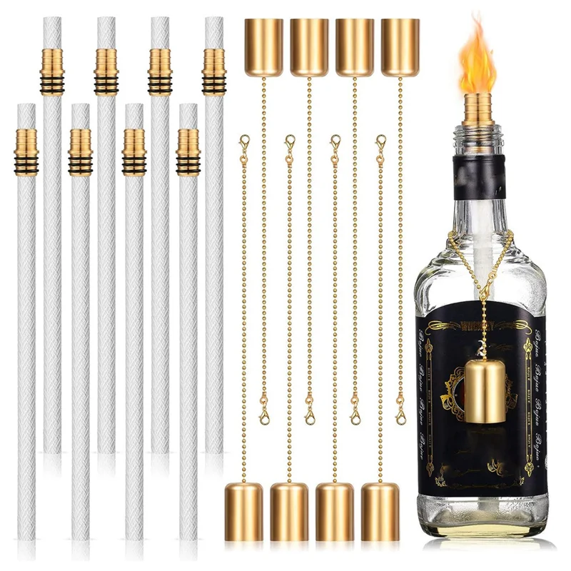 

16PCS DIY Homemade Torch Metal Wine Bottle Torch Kit Include Brass Torch Wick Holder With Washer, Torch Wicks And Lamp Cover-A05