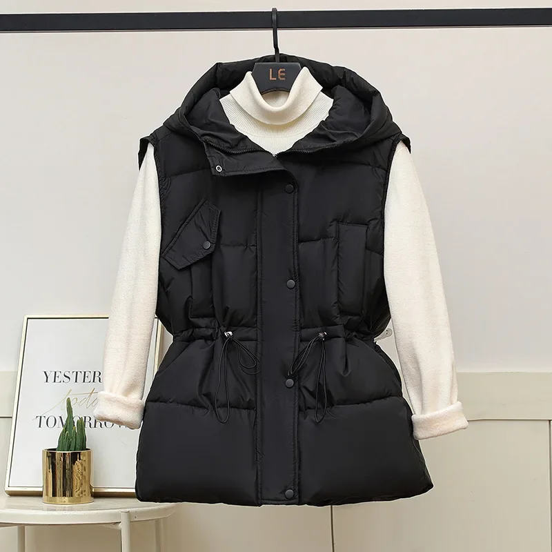 Internet celebrity casual outerwear cotton vest 2024autumn and winter new fashion women hooded waist slimming cotton vest jacket