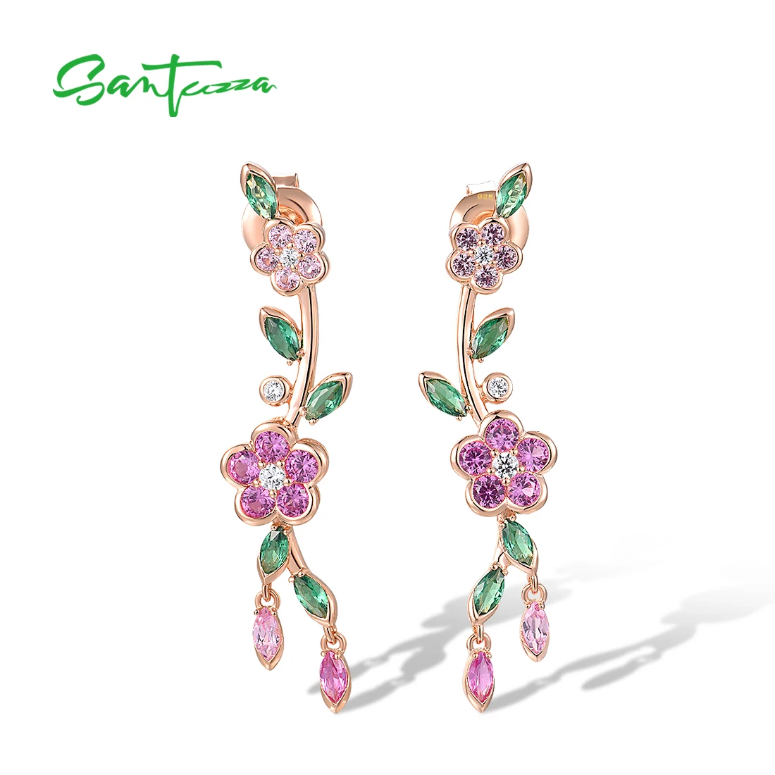 

SANTUZZA 100% 925 Sterling Silver Earrings For Women Sparkling Created Pink Sapphire Green Spinel Delicate Gift Fine Jewelry