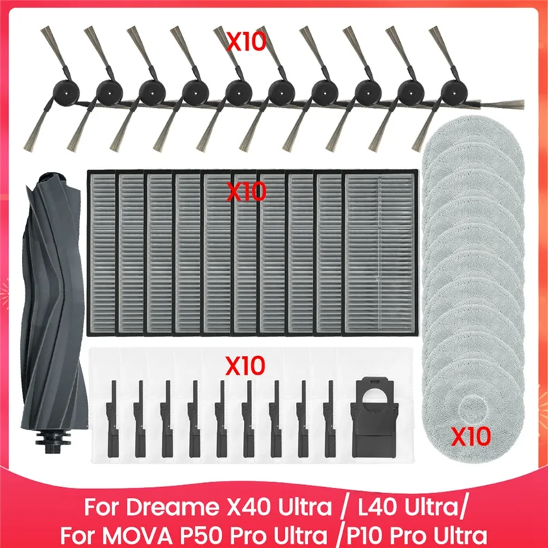 

Для Dreame X40 Ultra / L40 Ultra, MOVA P50 Pro Ultra /P10 Pro Ultra Основная боковая щетка Hepa-фильтр Швабра Тканевые мешки для пыли-A68E