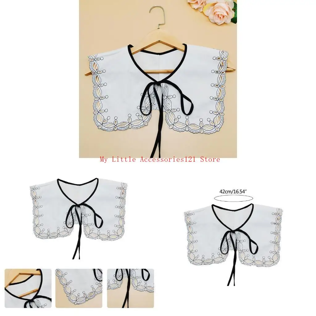 

Women Square Big Shawl Fake Collar Hollow Out Embroidery Floral Trim Necklace Scarf Contrast Color Capelet