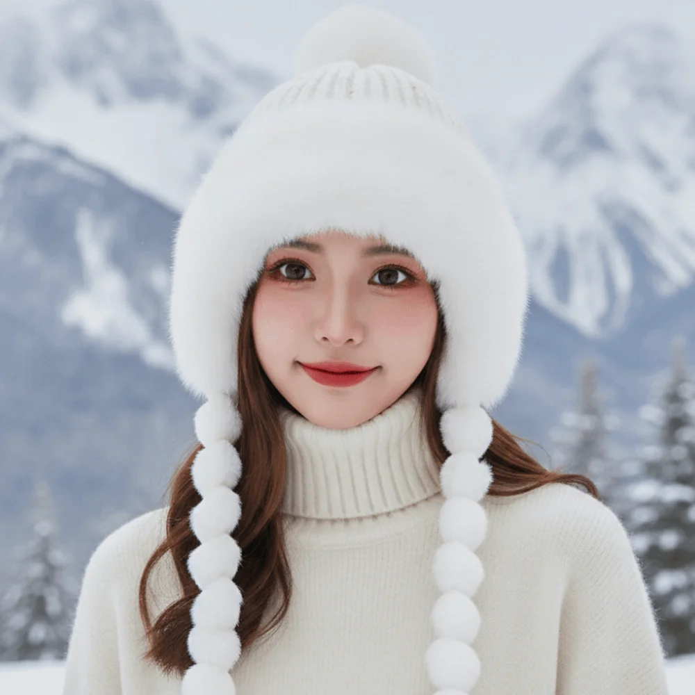 Fleece Lined Pompom Braids Hat Striped Knit Soft Yarn Fur Trim Trapper Windproof Fur Brim Fleece Knit Beanie Ladies