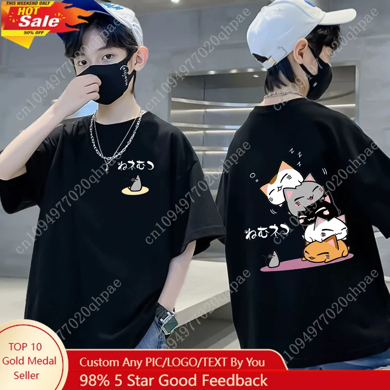 

2025 Summer Kids Clothes Boys Girls Japan Fashion Cute Cartoon Cat Print T Shirt 100%Cotton Children's Short Sleeve Tops T Shirt