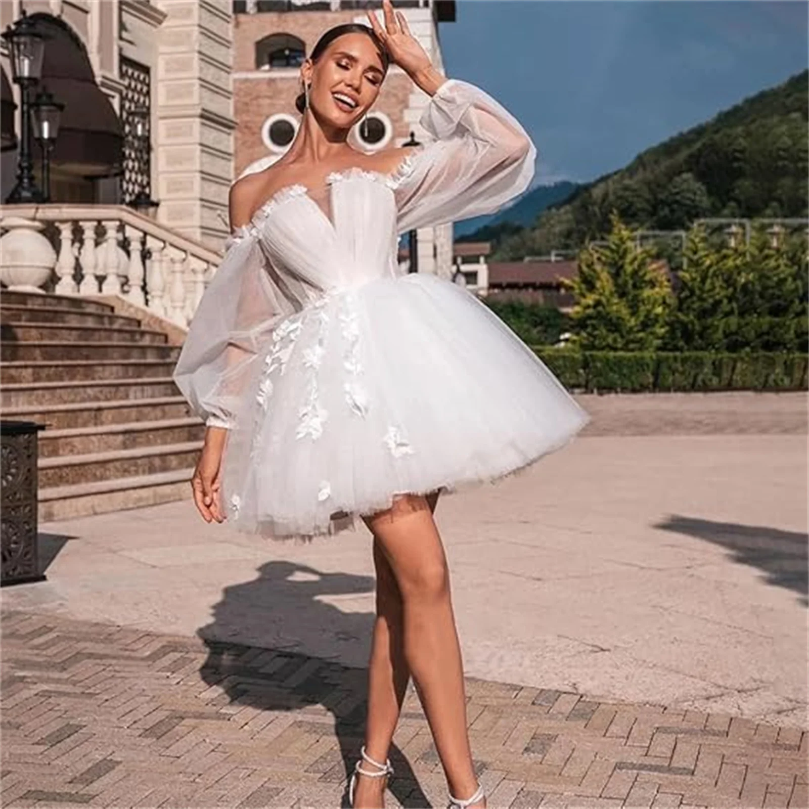 

V Neck Lace Applique Short Homecoming Dresses For Teens Glitter Tulle Puffy Sleeves Party Gown A Line Ruffle Mini Cocktail Dress