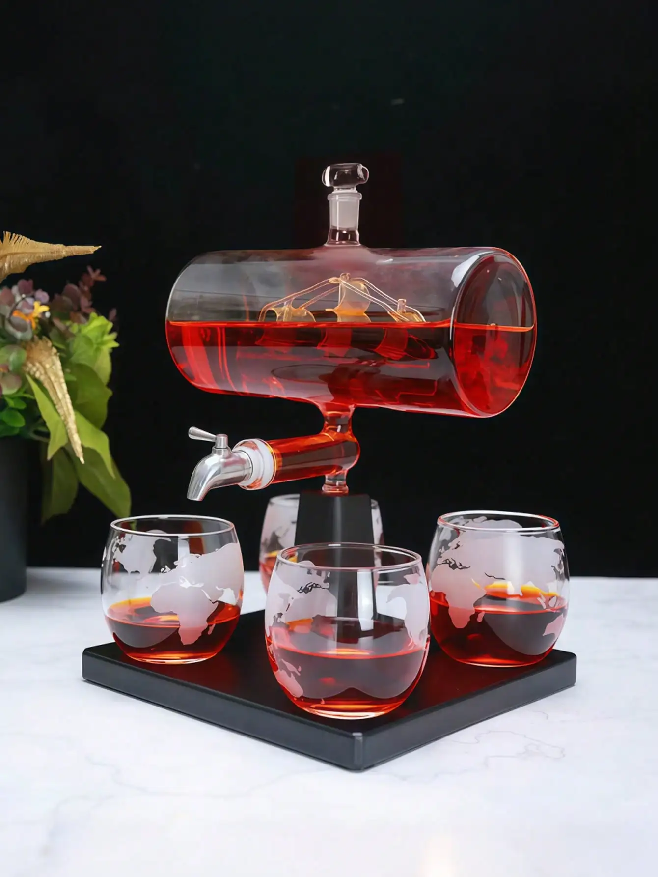 Whiskey Decanter Set with 4 Glass Glasses, 1300 ml, Sailboat Design, for Spirits Bourbon Vodka, Home Bar, Gift for Him