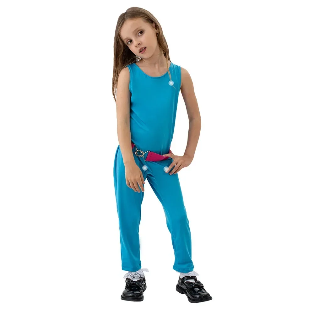 

Movie Barbii Cosplay Costume Girls Cute Blue Jumpsuit Pink Belt Full Set Kids Princess Role Play Uniform Suit Halloween Party