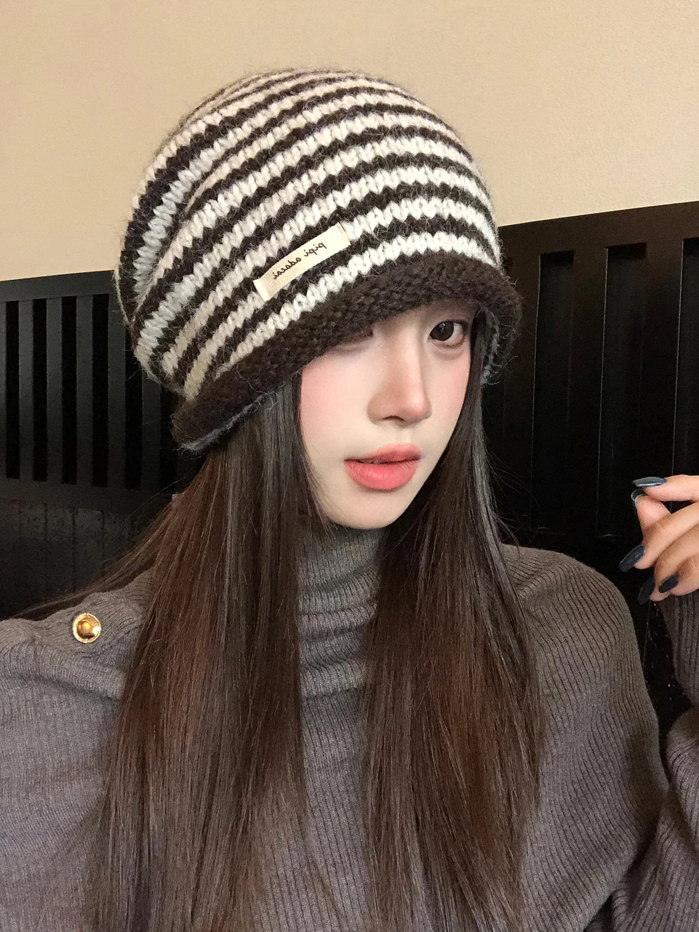 Korean Style Simple Stripe Letter Patchwork Knitted Woolen Cap Women's Autumn Winter Warm Ear Protection Versatile Atmosphere...