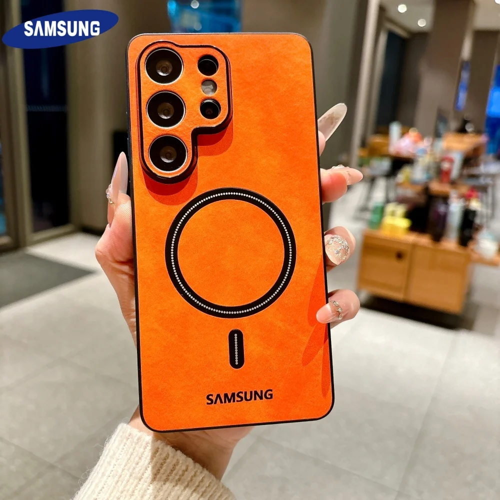 Lambskin Leather for Magsafe Shockproof Case Samsung S25 S24 S26 Ultra S22 S23 Plus S21 FE Sheepskin Camera Protector Soft Cover