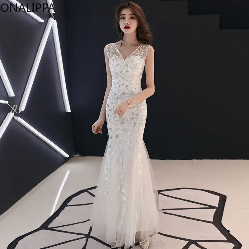 

Topenomi V Neck Evening Dress Women 2024 New Sequin Banquet Host Long Mermaid Party Dresses Temperament Slim Fit Prom Gown Robe