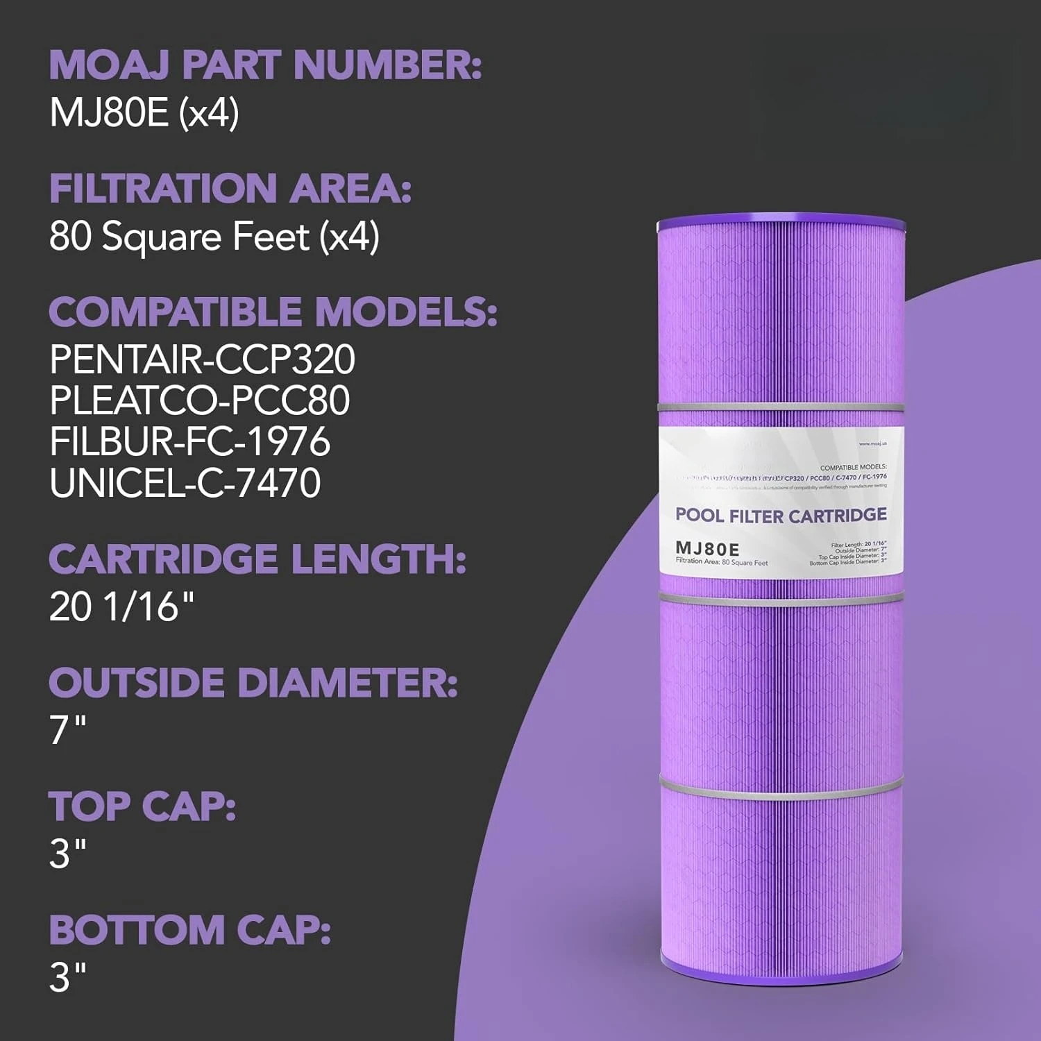 Pool Filter 4-Pack Replaces CCP320, 320, R173573, 160340, PCC80, PCC80-PAK4, Filbur FC-1976