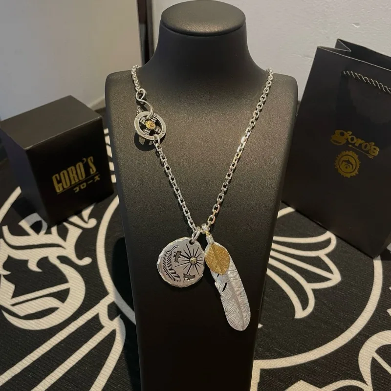 

Japan Tide Takahashi Goros Vintage Round Gold Embellished Feather Pendant Classic Necklace Fashion Couple Versatile Rock Punk