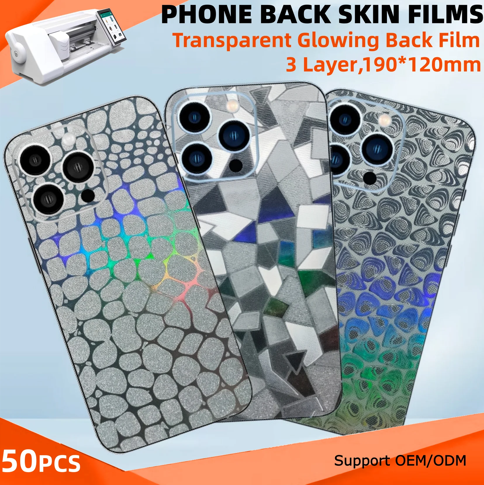 50 pièces de film protecteur transparent réfléchissant 3D pour coque arrière de téléphone portable, film hydrogel DIY pour machine de découpe