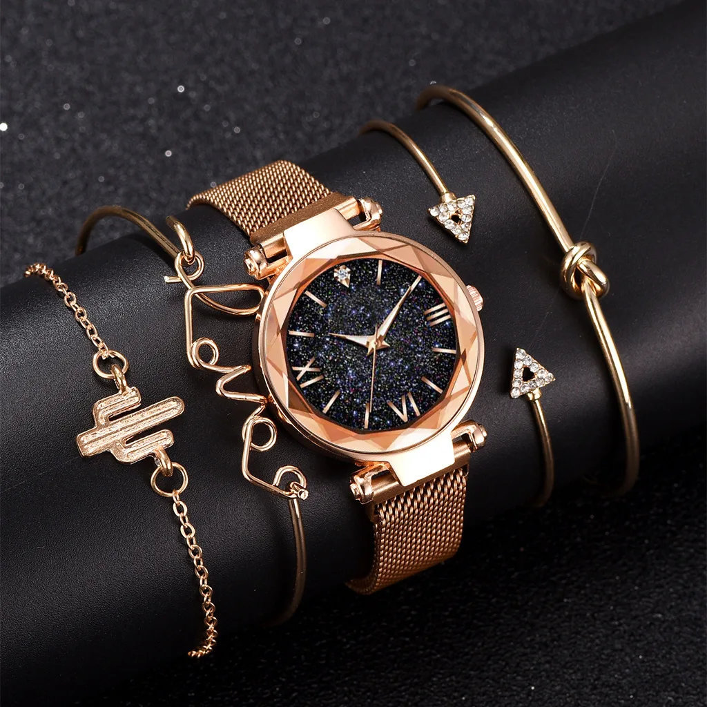 

5pcs Set Womens Watches Set Ladies Fashion Watch Black Female New Simple Casual Womens Analog WristWatch Bracelet Gift No Box