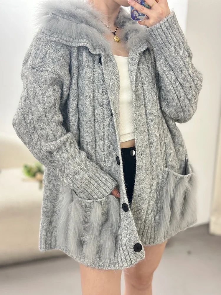 Nuovo autunno inverno abbigliamento lavorato a maglia donna sciolto vera pelliccia di volpe giacca moda maglieria cardigan oversize maglione femminile