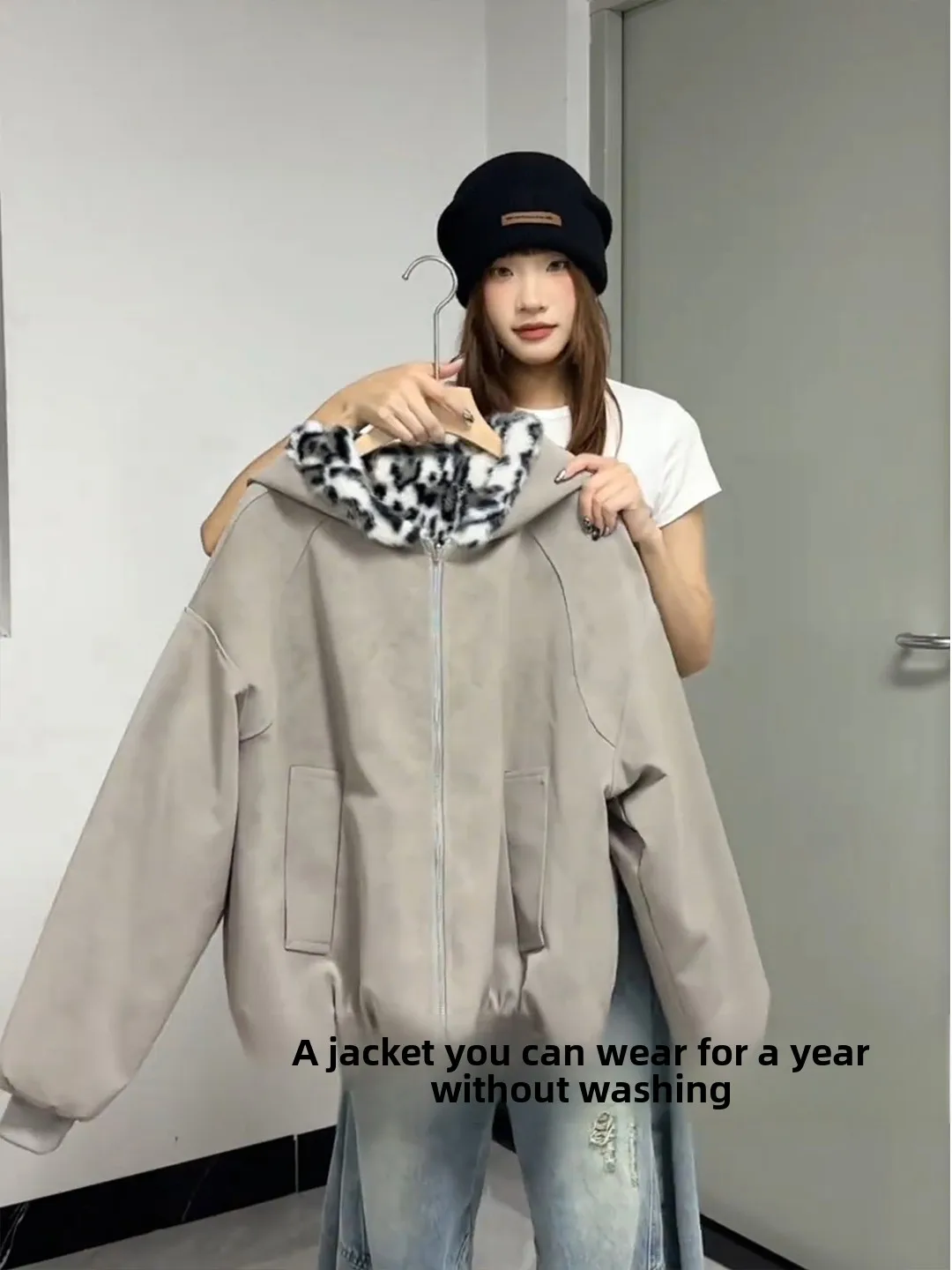 

Double-Sided Wear PU Leather Leopard Print Hoodie Thi Warm Winter Men's Jaet Casual Loose Fit Long Sve Zipper Closure