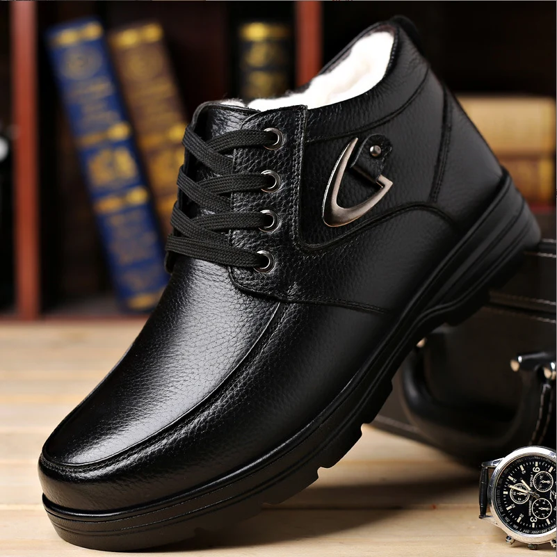 

Новые мужские ботинки из натуральной кожи, зимние зимние ботинки, шерстяные противоскользящие ботильоны для отца, водонепроницаемые теплые мужские хлопковые ботинки