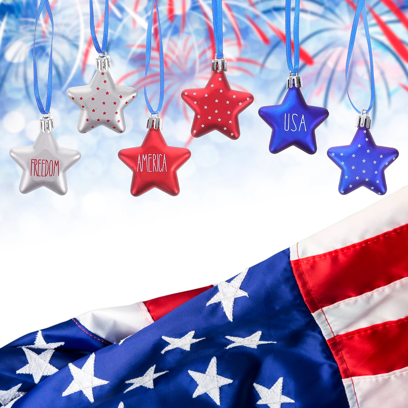 

6pcs Five Pointed Star Hanging Ornaments Patriotic Decor Independence Day Party Decoration Usa Memorial Day Stars Plastic Tree