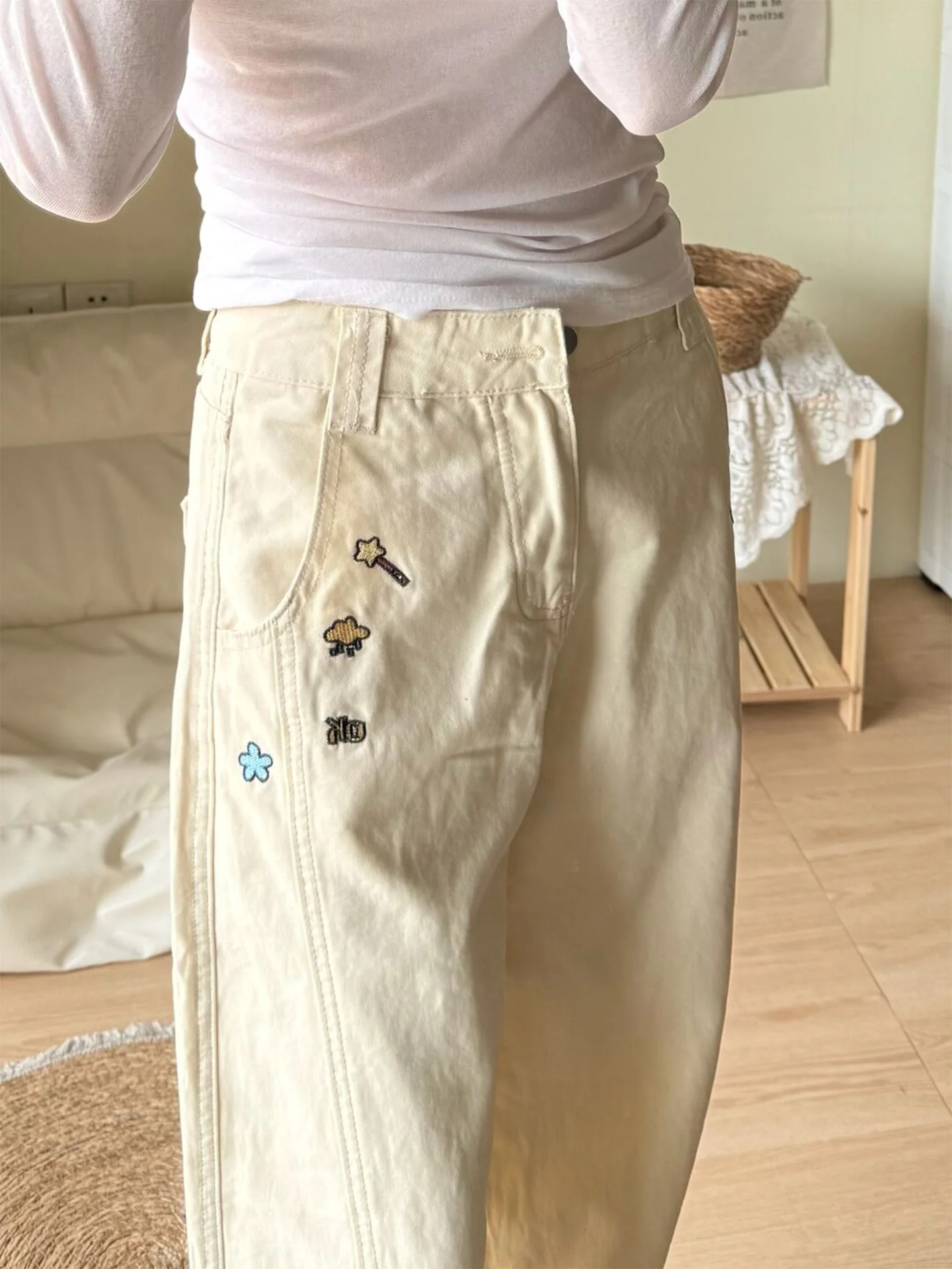 Rétro américain High Street brodé Design abricot femmes jambes larges jean taille haute minceur pantalons longs automne hiver nouveau...