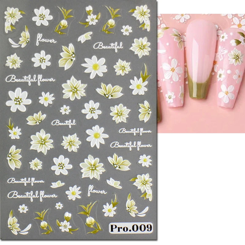 Autocollants pour ongles en relief 5D, élégants, transparents, fleurs blanches fleuries, curseur adhésif, décorations pour manucure