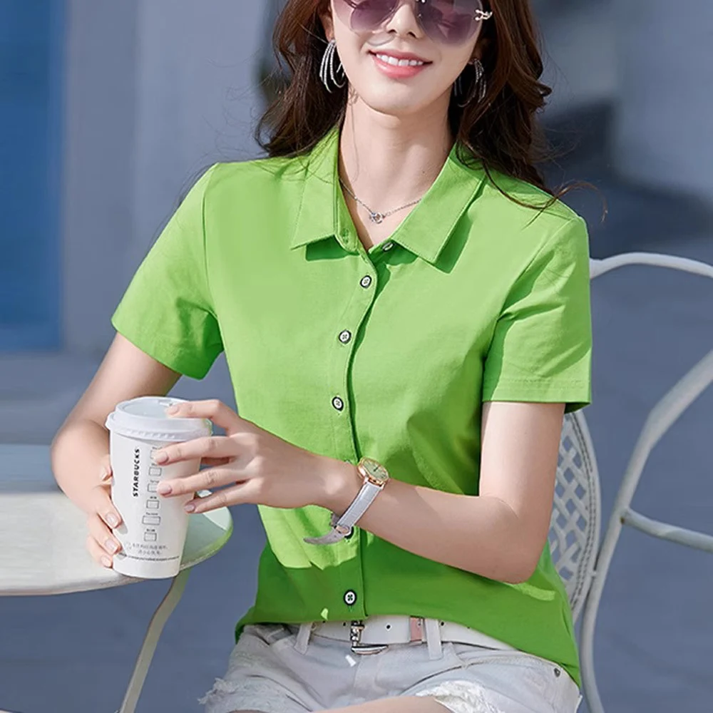 Polo shirt, short sleeved T-shirt, women's summer shirt, lapel cardigan T-shirt, solid color slim fit top, women's work clothes